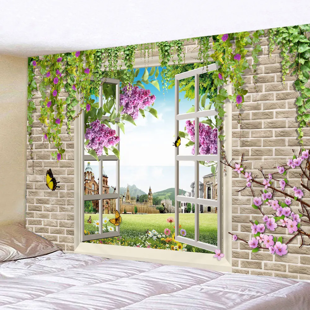 Имитация окна, Гобелен с лесным пейзажем, Красивые Цветы, Декорации, Висящие на стене, Украшение дома, гостиной, спальни, общежития