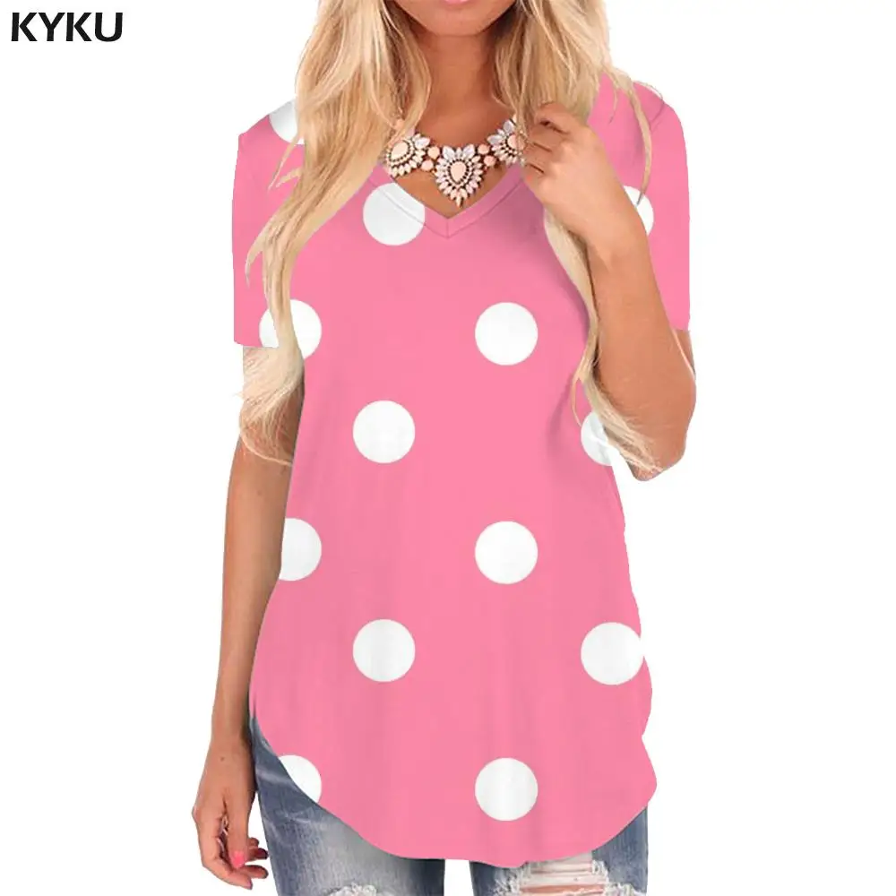 KYKU Красочная футболка женская В горошек С V-образным вырезом, Милые футболки, 3D Розовая рубашка С принтом, Женская одежда, Модная Крутая Новинка, Высокое качество