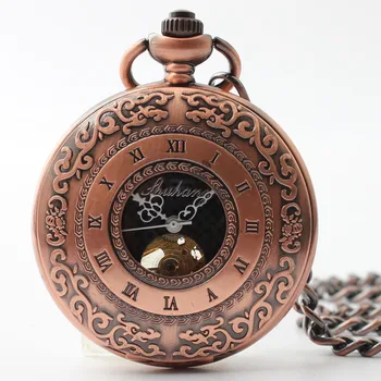 10 шт./лот, механические карманные часы в стиле стимпанк из красной бронзы, винтажные карманные часы-скелет, мужские подарочные часы с цепочкой