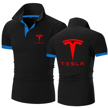 2023 Новая рубашка поло с принтом Tesla Мужские летние шорты с короткими рукавами Поло Популярная Деловая одежда Футболка Поло