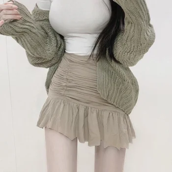DEEPTOWN Складки, сексуальная юбка, Женская Корейская мода, Лоскутные оборки, однотонная облегающая мини-юбка трапециевидной формы с высокой талией, Летний Клубный стиль