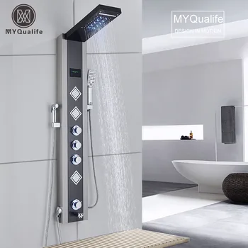 MYQualife Новый Топовый дизайн, светодиодная душевая панель, 5-функциональный смеситель для душа в ванной, Настенный монтаж, черная колонка для холодного и горячего душа