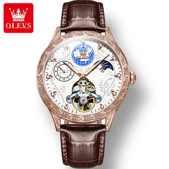 OLEVS 6660 Модные мужские часы с ремешком из натуральной кожи, автоматические механические многофункциональные водонепроницаемые мужские наручные часы