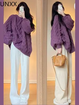 UNXX Осенний женский Новый Корейский вязаный топ с круглым вырезом и закруткой 2022, фиолетовый, износостойкий, Сладкий, свободный, Популярные универсальные комплекты свитеров