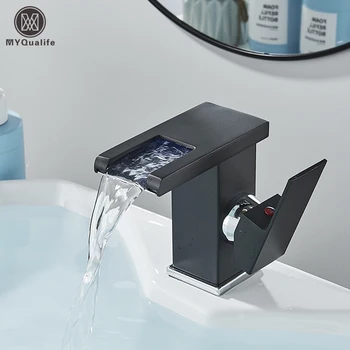 Бесплатная доставка Черный светодиодный смеситель для ванной комнаты с водопадом, установленный на бортике, Смесители для горячей и холодной воды, Изменяющие три цвета в зависимости от расхода воды