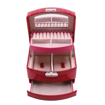 Коробка для хранения ювелирных изделий 3-слойные кожаные серьги, коробка для хранения ювелирных изделий, шкатулка для украшений, розово-красная