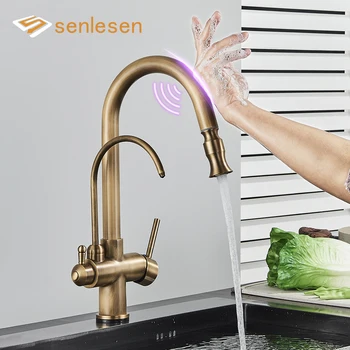 Кухонные смесители Senlesen Smart Touch Выдвижной кран для очистки воды из античной латуни Латунный Настенный кран для горячей холодной воды Кран с датчиком