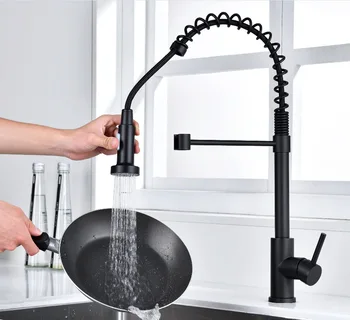Латунный выдвижной смеситель для кухонной раковины из матового никеля или черного для кухни с источником горячей и холодной воды с 2 режимами распыления