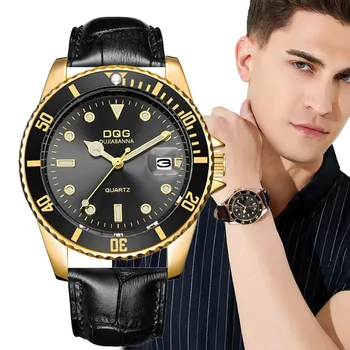 Модные Мужские кварцевые часы с календарем из черного золота с большим циферблатом 2023, Горячая распродажа, Деловые Кожаные Мужские наручные часы