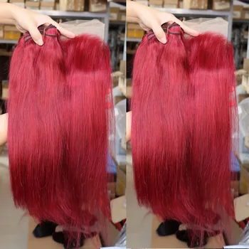 Оптовые Бразильские Натуральные пучки человеческих волос с фронтальной застежкой 13x4, Плетение из прямых волос Remy красного цвета