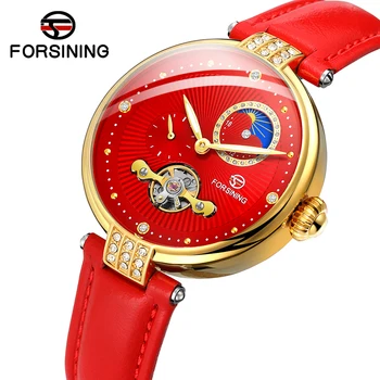 Роскошные женские часы с автоподзаводом Diamond Lady Flower, романтические механические часы из красной кожи, светящиеся Tourbillion