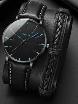 Часы + браслет 2023, Минималистичная мужская мода, ультратонкие часы, Простые мужские деловые кварцевые часы с ремешком из искусственной кожи