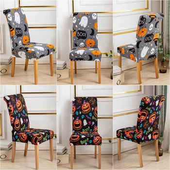 Чехлы для обеденных стульев с принтом Хэллоуина, мультяшный чехол для стула из эластичного спандекса, нескользящие чехлы для кухонных сидений для гостиной